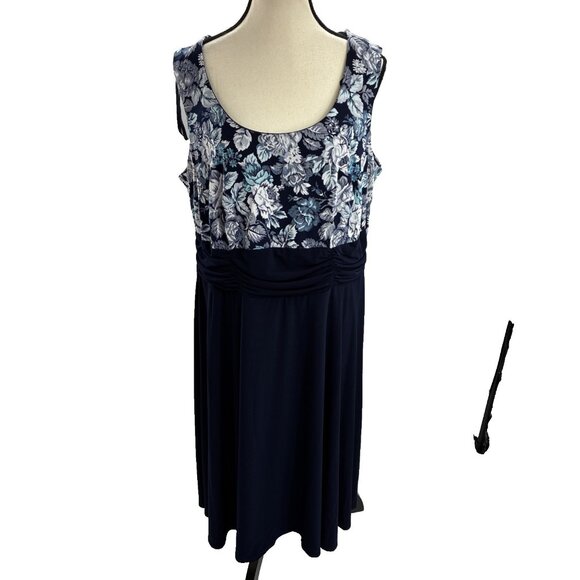 Perceptions Womens Dress Size 1X Navy Floral Sleeveless Empire Waist Midi - Picture 1 of 7